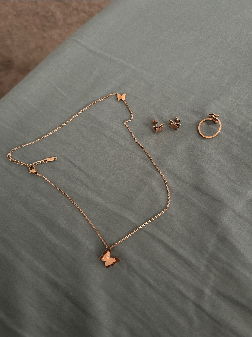 Real Rose Gold Butterfly Necklace, Earring, and Ring Set